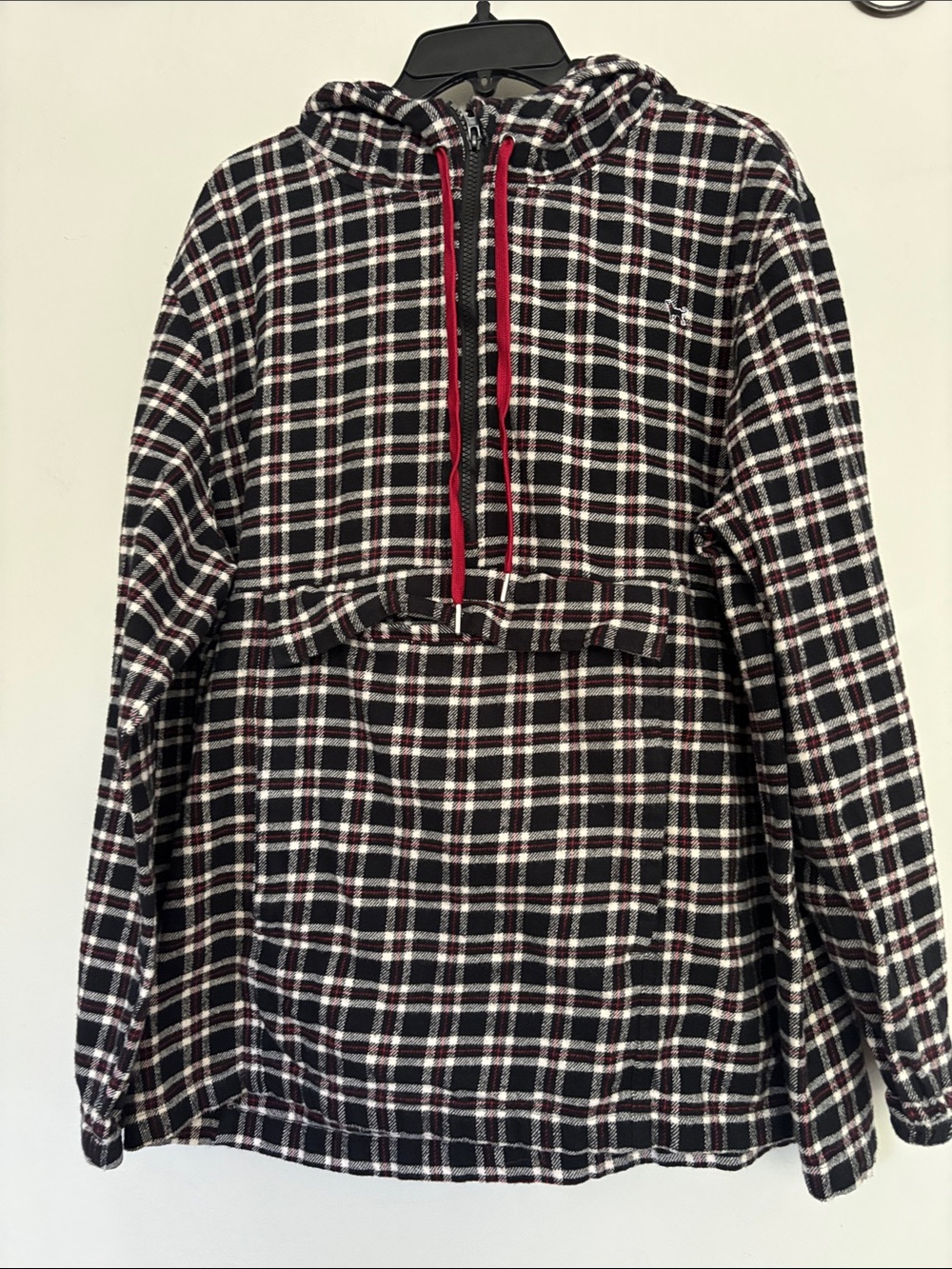 The Black Dog Black & White Plaid Hooded Pullover with Red Drawcord